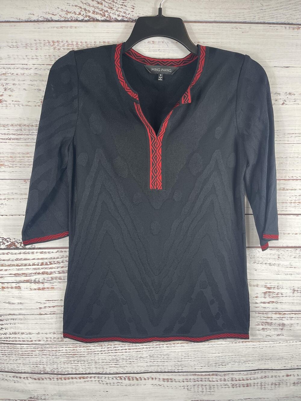 Ming Wang Sweater Women's Size S Black Red 3/4 Sleeve Pullover Knit Top Acrylic